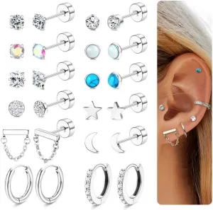 12 Pairs Flat Back Earrings for Women Conch Helix Cartilage Hoop Earrings Stainless Steel Earrings Set for Multiple Piercing 18K Gold Plated Opal Ball CZ Flat Back Stud Earrings