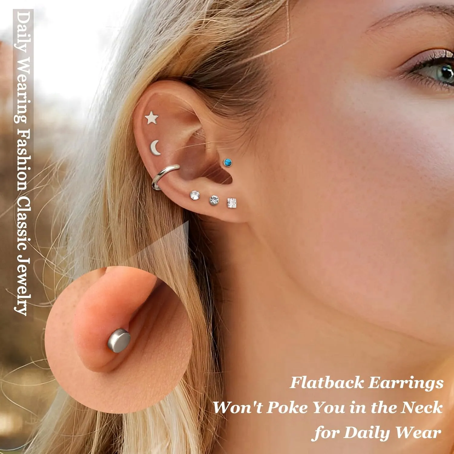 12 Pairs Flat Back Earrings for Women Conch Helix Cartilage Hoop Earrings Stainless Steel Earrings Set for Multiple Piercing 18K Gold Plated Opal Ball CZ Flat Back Stud Earrings