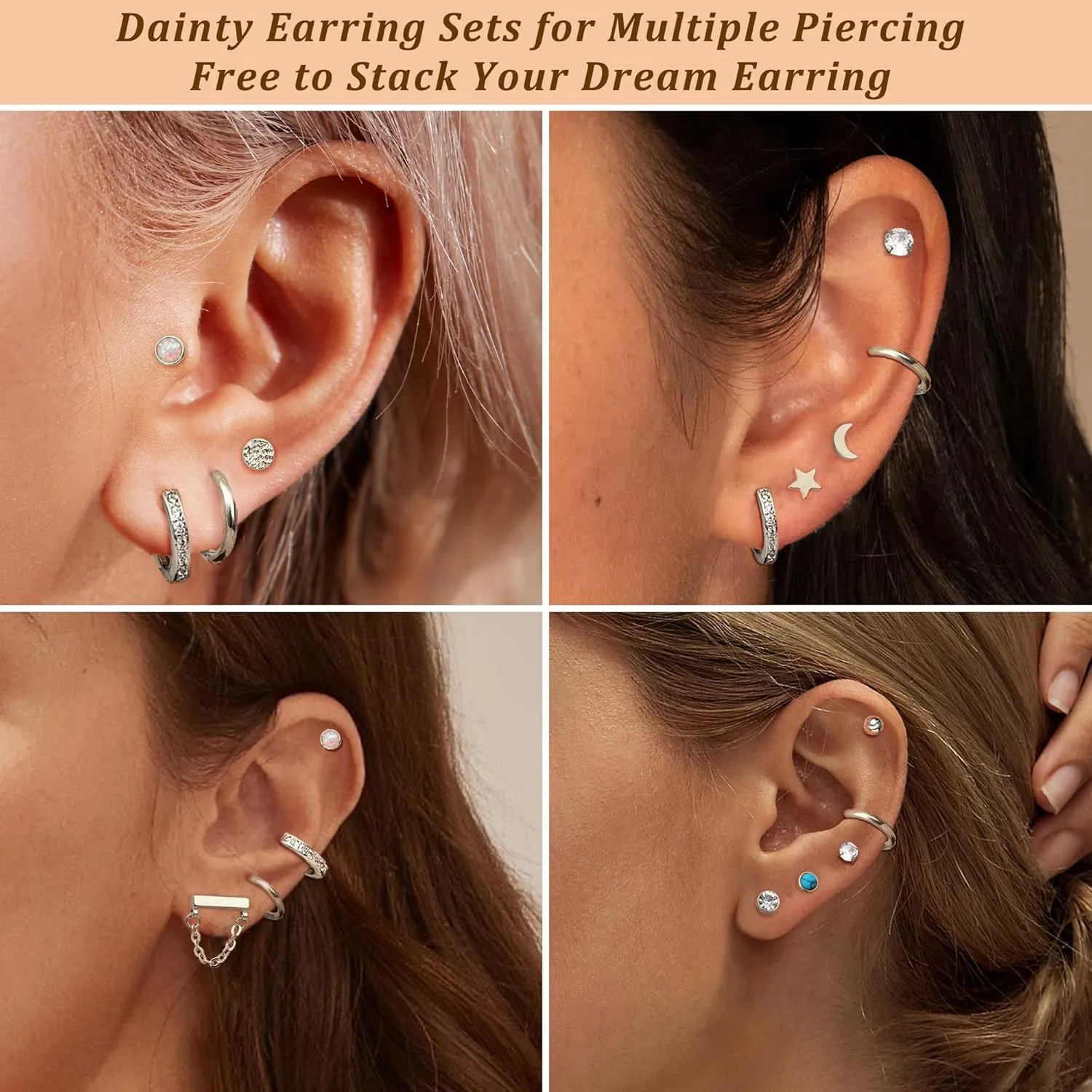 12 Pairs Flat Back Earrings for Women Conch Helix Cartilage Hoop Earrings Stainless Steel Earrings Set for Multiple Piercing 18K Gold Plated Opal Ball CZ Flat Back Stud Earrings