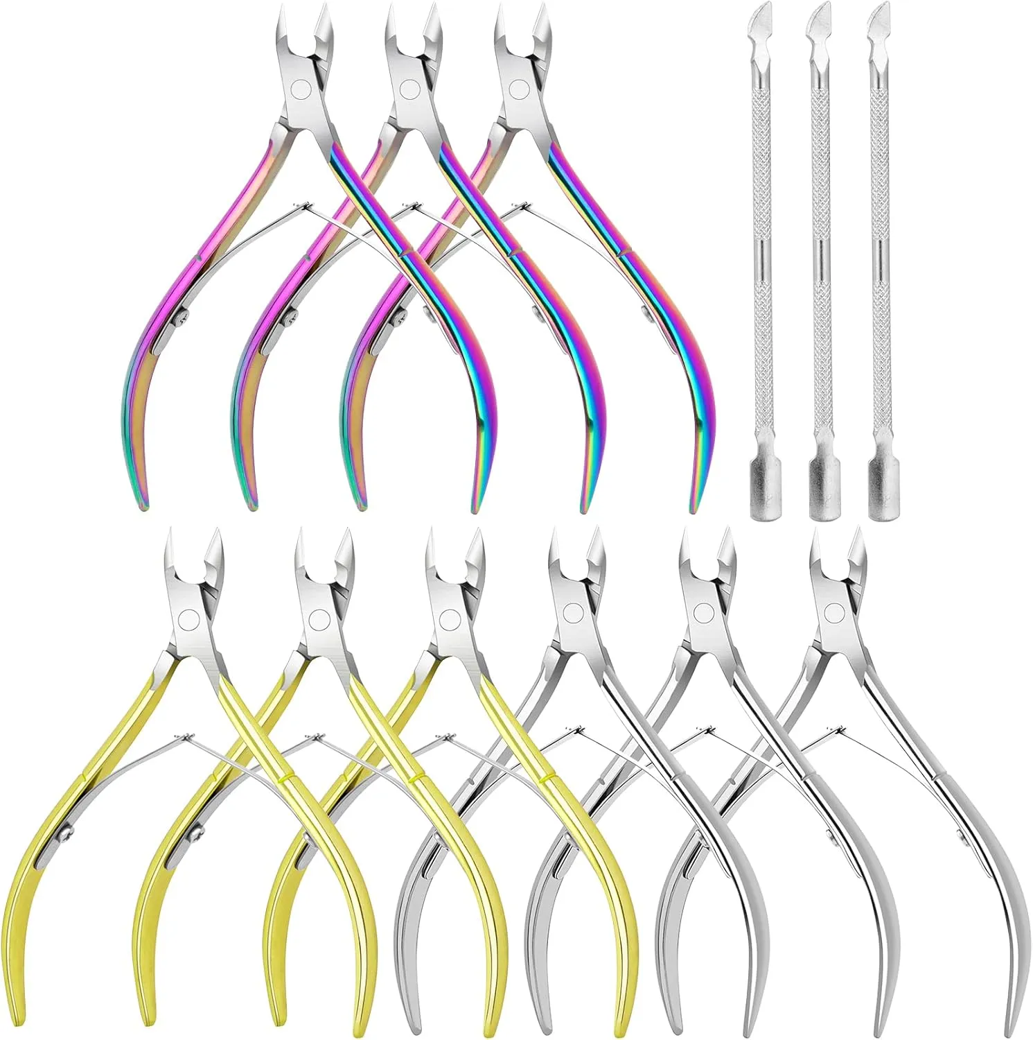 12Pack Cuticle Trimmer - Stainless Steel Nail Cuticle Nipper With Pusher - Manicure & Pedicure Tools for Finger & Toenails - Gold, Rainbow, Silver