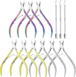 12Pack Cuticle Trimmer - Stainless Steel Nail Cuticle Nipper With Pusher - Manicure & Pedicure Tools for Finger & Toenails - Gold, Rainbow, Silver