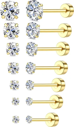 18K Gold Plated 5A Cubic Zirconia Threadless Flat Back Earrings Surgical Stainless Steel Simulated Diamond Earrings for Women Men Earrings Studs Dainty Push Pin Cartilage Earring Hypoallergenic