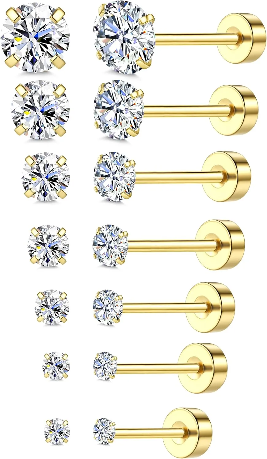 18K Gold Plated 5A Cubic Zirconia Threadless Flat Back Earrings Surgical Stainless Steel Simulated Diamond Earrings for Women Men Earrings Studs Dainty Push Pin Cartilage Earring Hypoallergenic