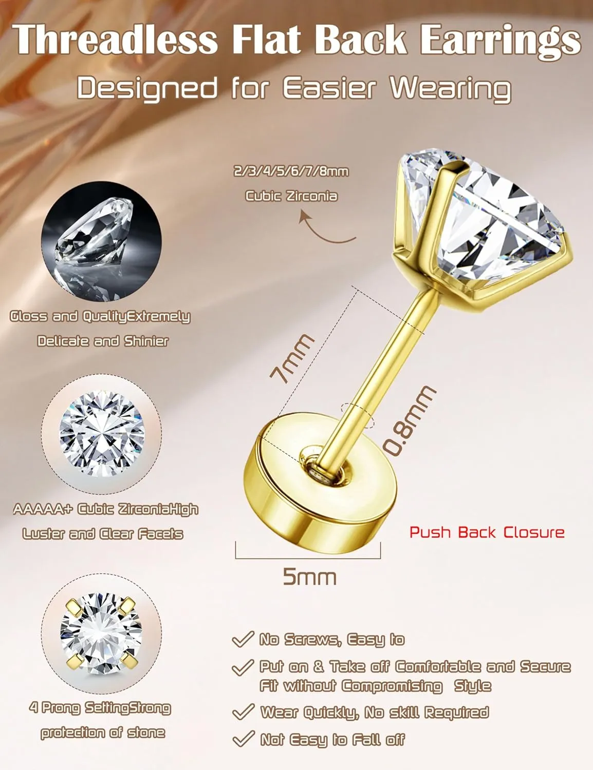 18K Gold Plated 5A Cubic Zirconia Threadless Flat Back Earrings Surgical Stainless Steel Simulated Diamond Earrings for Women Men Earrings Studs Dainty Push Pin Cartilage Earring Hypoallergenic