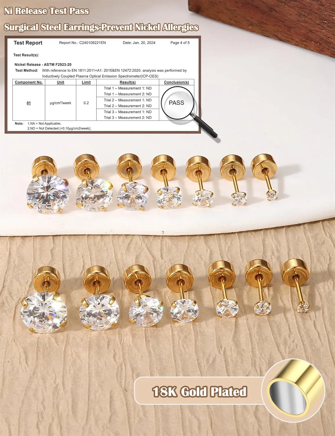 18K Gold Plated 5A Cubic Zirconia Threadless Flat Back Earrings Surgical Stainless Steel Simulated Diamond Earrings for Women Men Earrings Studs Dainty Push Pin Cartilage Earring Hypoallergenic