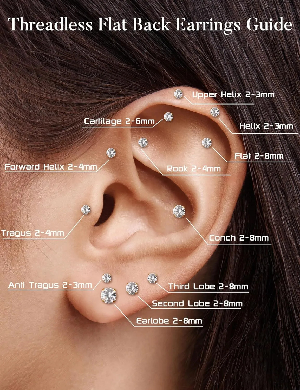 18K Gold Plated 5A Cubic Zirconia Threadless Flat Back Earrings Surgical Stainless Steel Simulated Diamond Earrings for Women Men Earrings Studs Dainty Push Pin Cartilage Earring Hypoallergenic