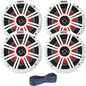 2 Pair (Qty 4) of Kicker 6.5" 2-Way 195 Watt Max Power Coaxial Marine Audio Multicolor LED Speakers with White Grilles, 50-Feet 16 Gauge Speaker Wire