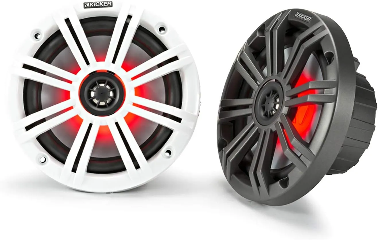 2 Pair (Qty 4) of Kicker 6.5" 2-Way 195 Watt Max Power Coaxial Marine Audio Multicolor LED Speakers with White Grilles, 50-Feet 16 Gauge Speaker Wire