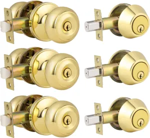 3 Pack Keyed Alike Entry Door Knob and Single Cylinder Deadbolt Lock Combo Set, Front Door Entry Knobs Lockset and Deadbolt Combination Set, Keyed Entry Knobset with Same Keys, Polished Brass