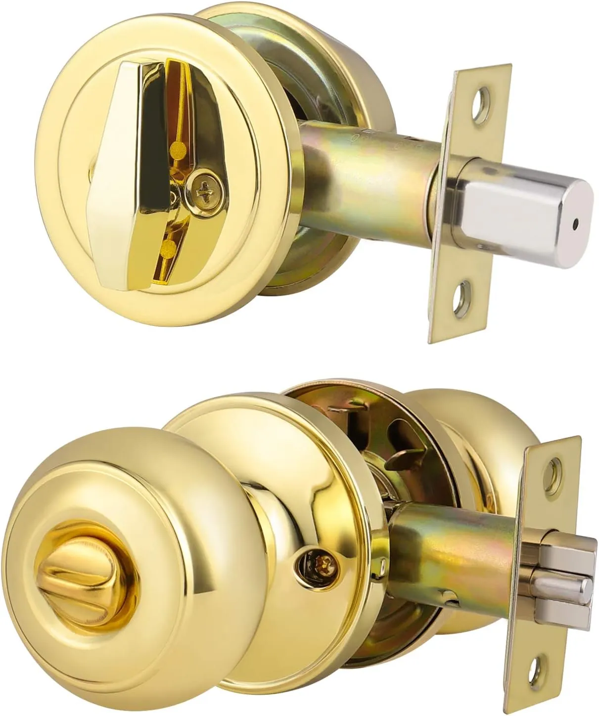 3 Pack Keyed Alike Entry Door Knob and Single Cylinder Deadbolt Lock Combo Set, Front Door Entry Knobs Lockset and Deadbolt Combination Set, Keyed Entry Knobset with Same Keys, Polished Brass