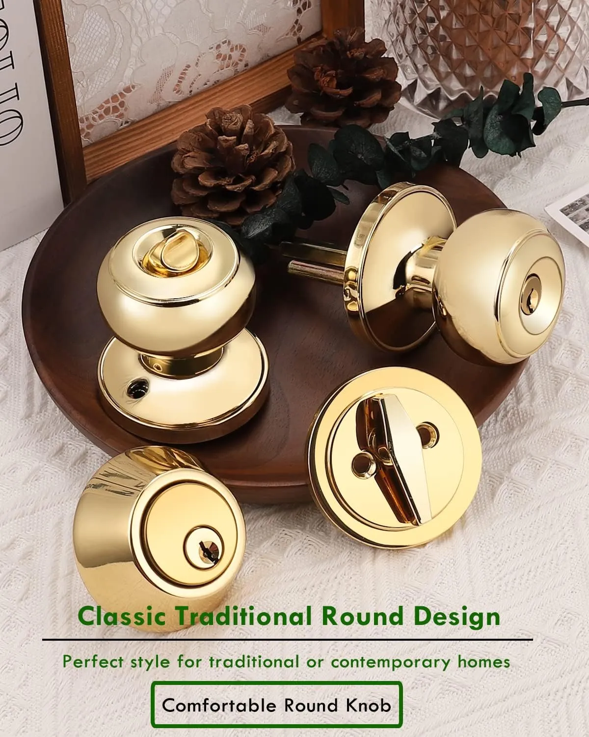 3 Pack Keyed Alike Entry Door Knob and Single Cylinder Deadbolt Lock Combo Set, Front Door Entry Knobs Lockset and Deadbolt Combination Set, Keyed Entry Knobset with Same Keys, Polished Brass