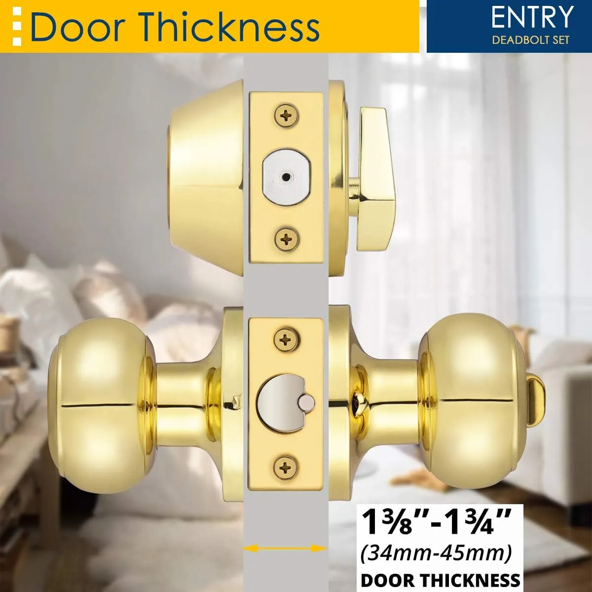 3 Pack Keyed Alike Entry Door Knob and Single Cylinder Deadbolt Lock Combo Set, Front Door Entry Knobs Lockset and Deadbolt Combination Set, Keyed Entry Knobset with Same Keys, Polished Brass