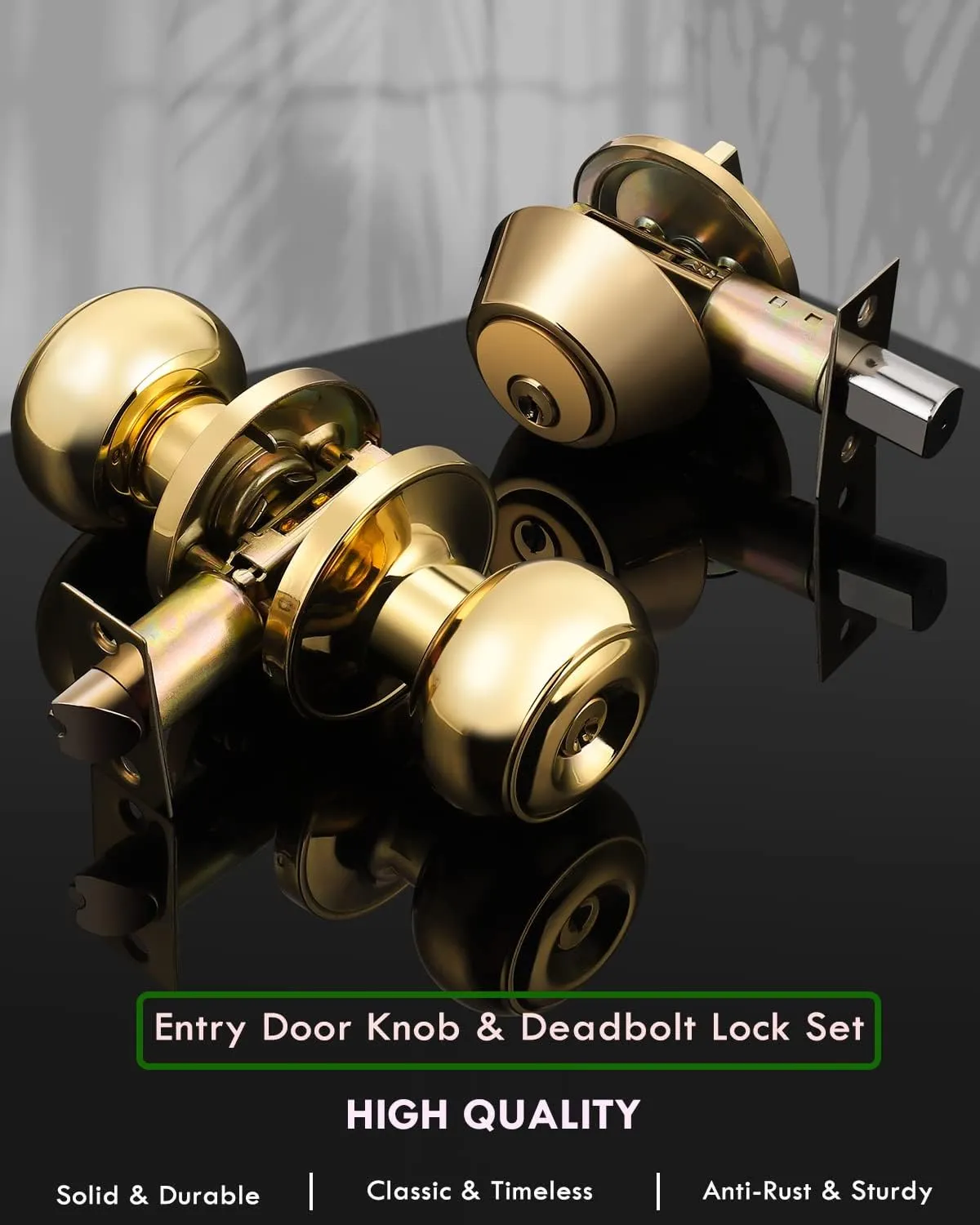 3 Pack Keyed Alike Entry Door Knob and Single Cylinder Deadbolt Lock Combo Set, Front Door Entry Knobs Lockset and Deadbolt Combination Set, Keyed Entry Knobset with Same Keys, Polished Brass