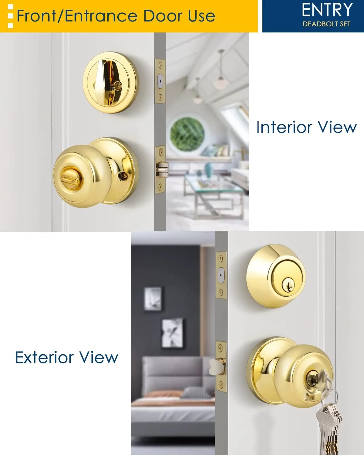 3 Pack Keyed Alike Entry Door Knob and Single Cylinder Deadbolt Lock Combo Set, Front Door Entry Knobs Lockset and Deadbolt Combination Set, Keyed Entry Knobset with Same Keys, Polished Brass