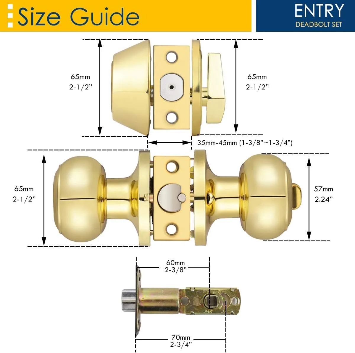 3 Pack Keyed Alike Entry Door Knob and Single Cylinder Deadbolt Lock Combo Set, Front Door Entry Knobs Lockset and Deadbolt Combination Set, Keyed Entry Knobset with Same Keys, Polished Brass