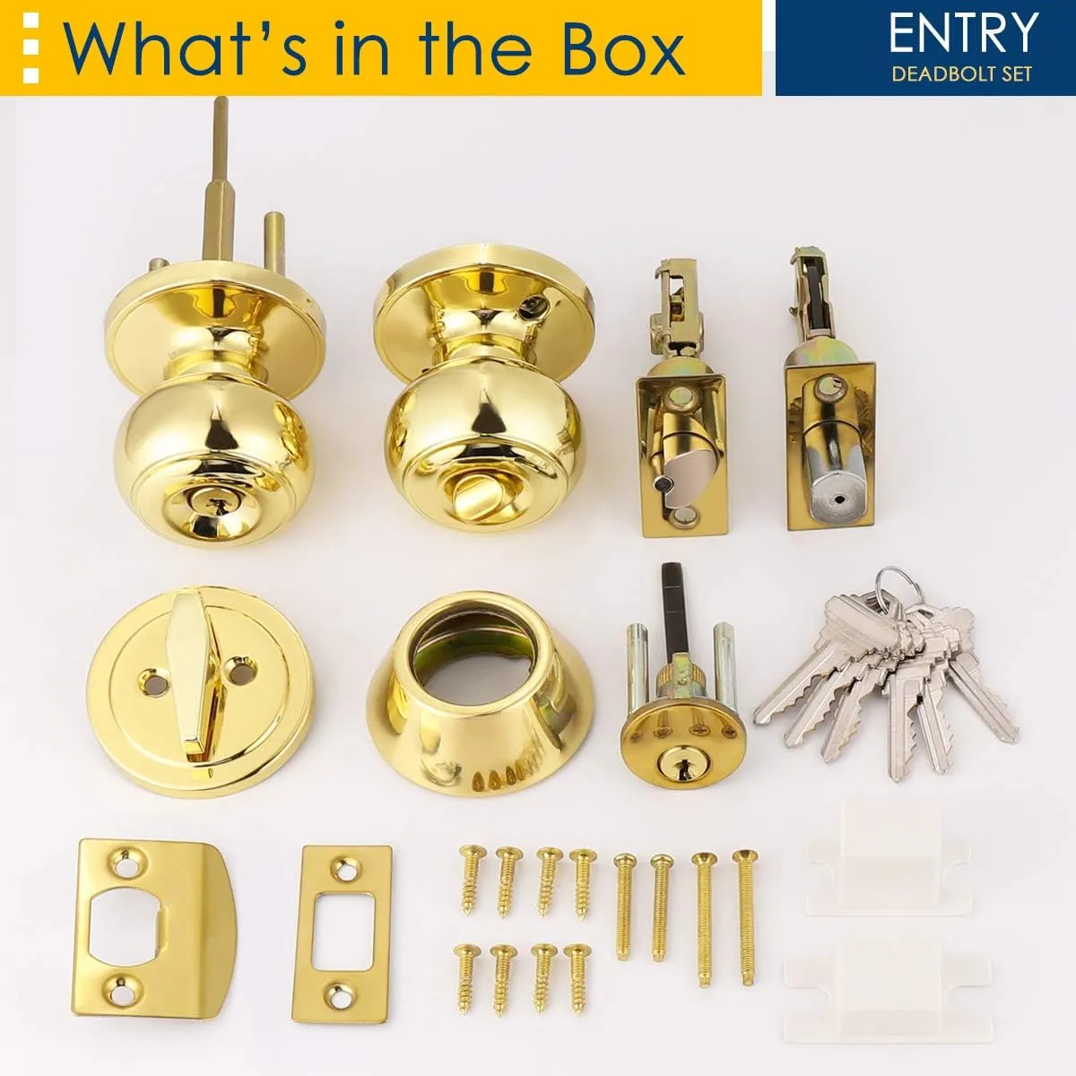 3 Pack Keyed Alike Entry Door Knob and Single Cylinder Deadbolt Lock Combo Set, Front Door Entry Knobs Lockset and Deadbolt Combination Set, Keyed Entry Knobset with Same Keys, Polished Brass