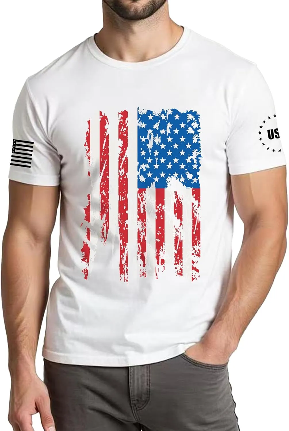 4th of July Shirts Men:USA American Flag Patriotic Independence Day Higher Quality Short Sleeve T-Shirt