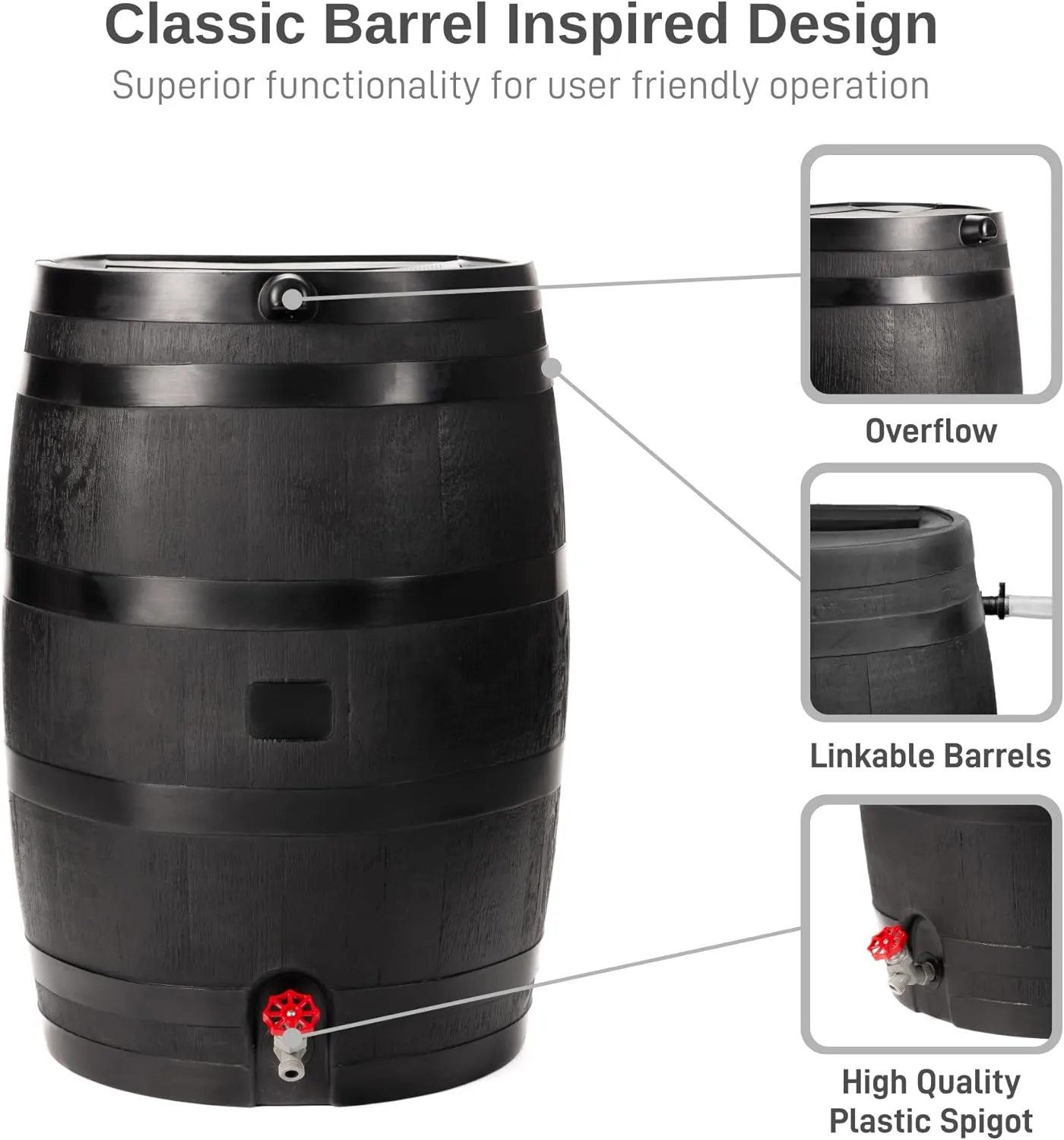 50-Gallon ECO Rain Barrel Made with 100% Recycled Plastic, Flat Back Rain Water Collection Barrel, Black