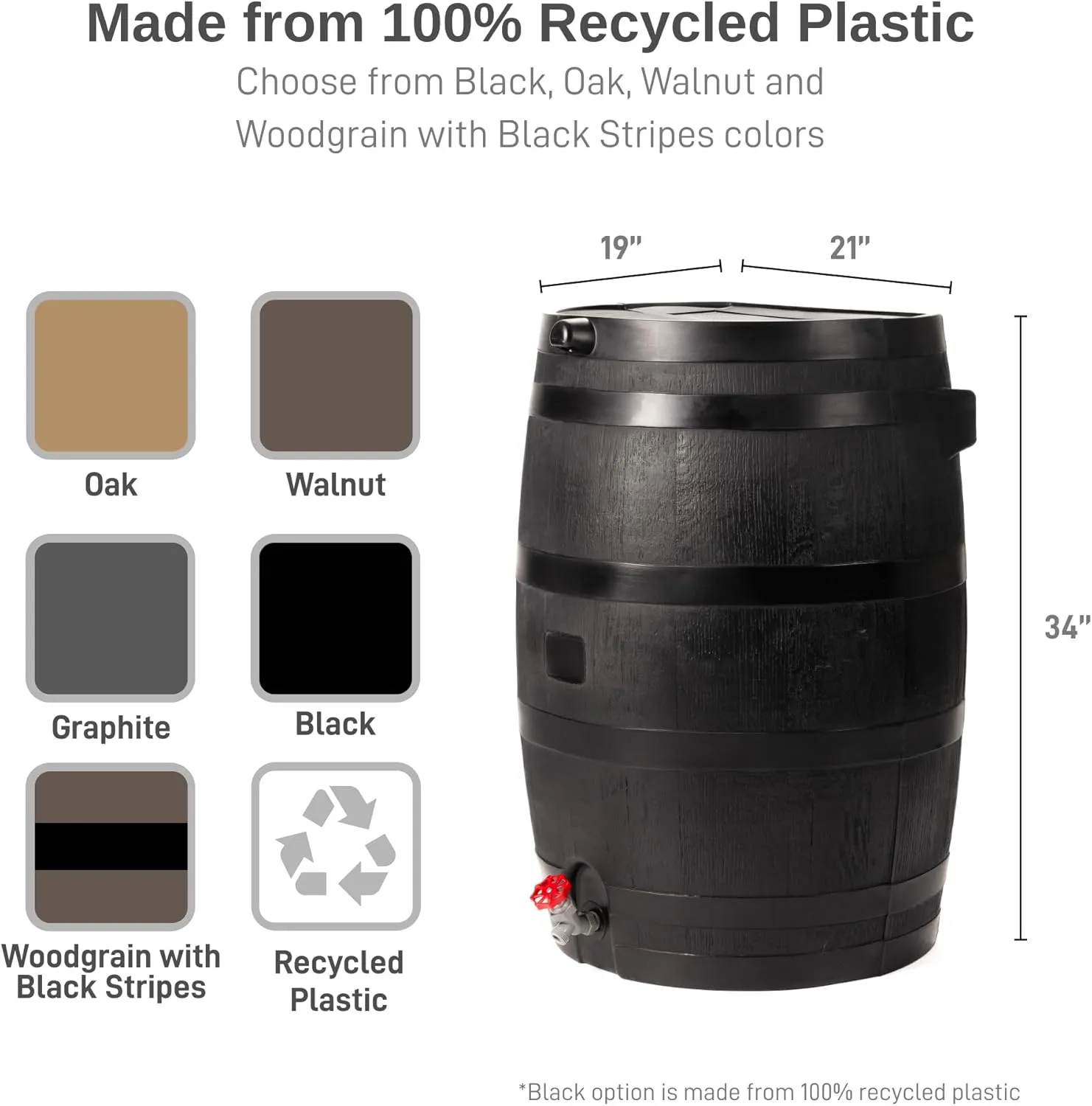 50-Gallon ECO Rain Barrel Made with 100% Recycled Plastic, Flat Back Rain Water Collection Barrel, Black