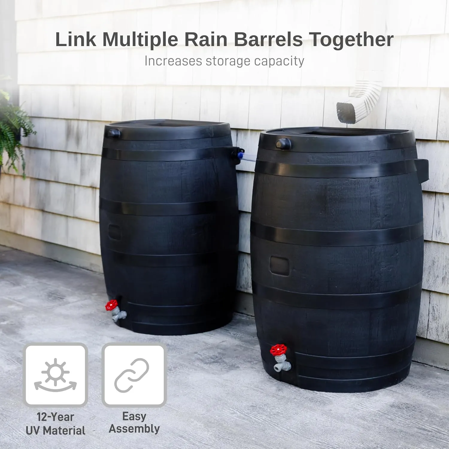 50-Gallon ECO Rain Barrel Made with 100% Recycled Plastic, Flat Back Rain Water Collection Barrel, Black