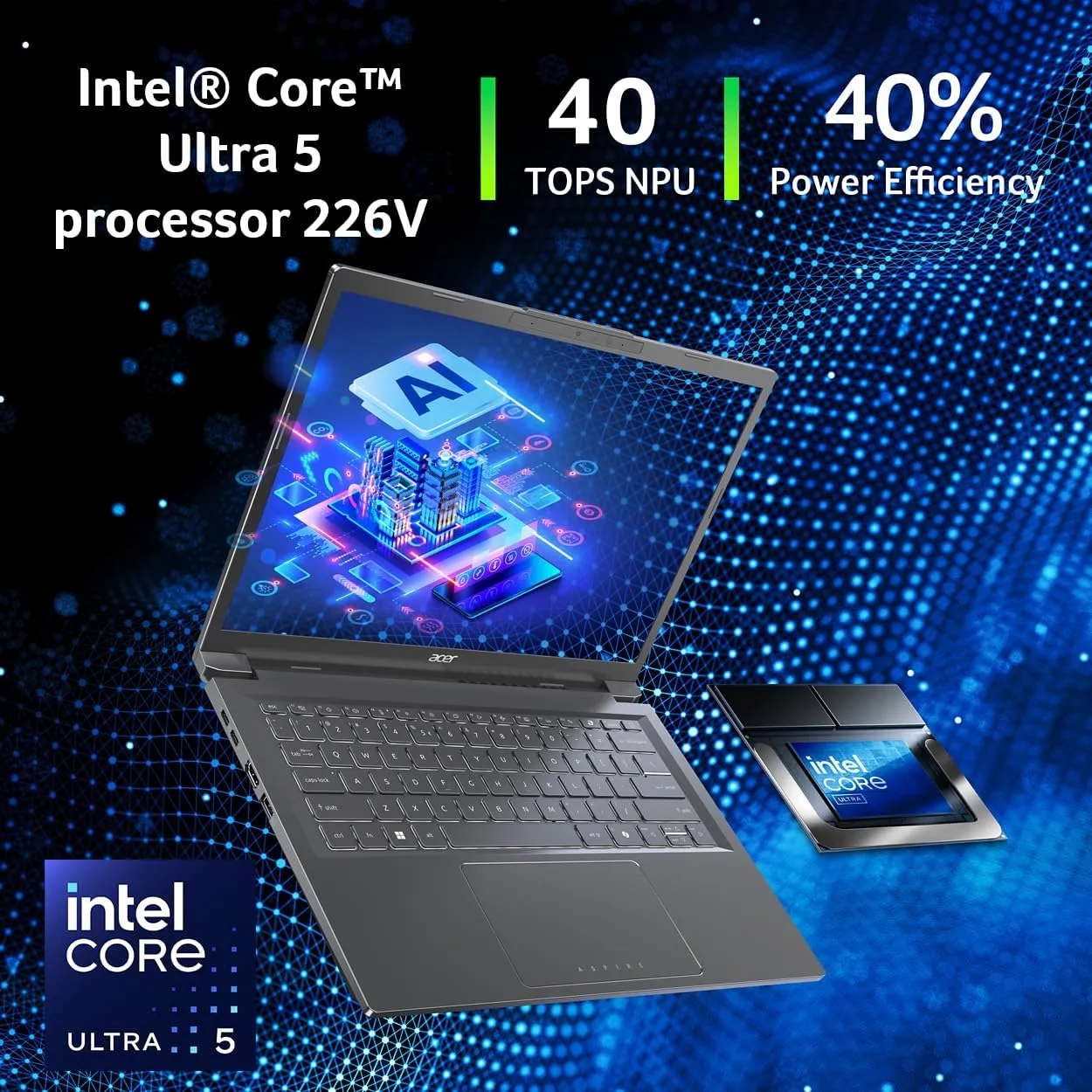 acer Aspire 14 AI Copilot  PC | 14" WUXGA Display | Intel Core Ultra 5 Processor 226V | NPU: Up to 40 Tops - GPU: Up to 53 Tops | Intel ARC 130V | 16GB LPDDR5X | 512GB SSD | Wi-Fi 6E | A14-52M-51S1