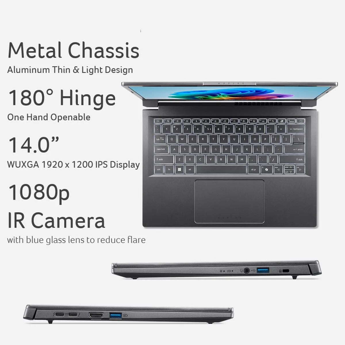 acer Aspire 14 AI Copilot  PC | 14" WUXGA Display | Intel Core Ultra 5 Processor 226V | NPU: Up to 40 Tops - GPU: Up to 53 Tops | Intel ARC 130V | 16GB LPDDR5X | 512GB SSD | Wi-Fi 6E | A14-52M-51S1