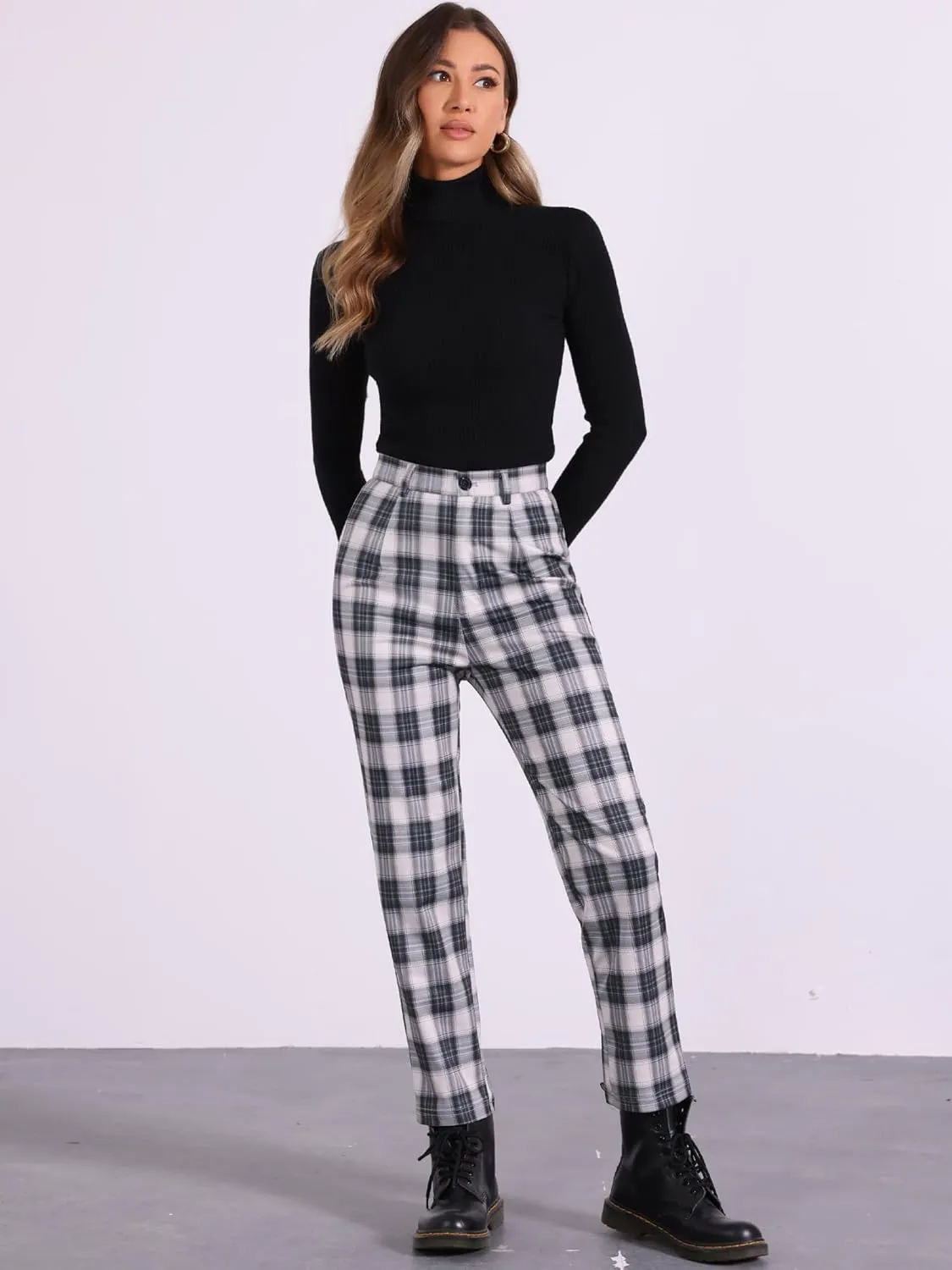 Allegra K Women's Plaid Cropped Trousers Button Casual Tartan Check Work Pants