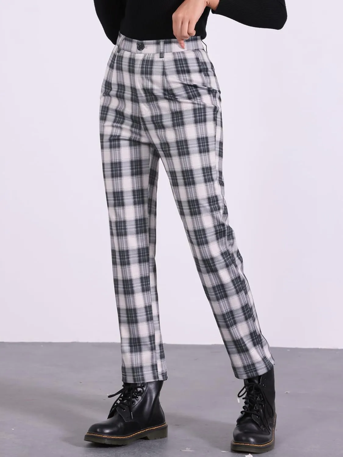 Allegra K Women's Plaid Cropped Trousers Button Casual Tartan Check Work Pants