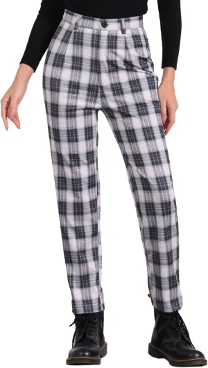 Allegra K Women's Plaid Cropped Trousers Button Casual Tartan Check Work Pants