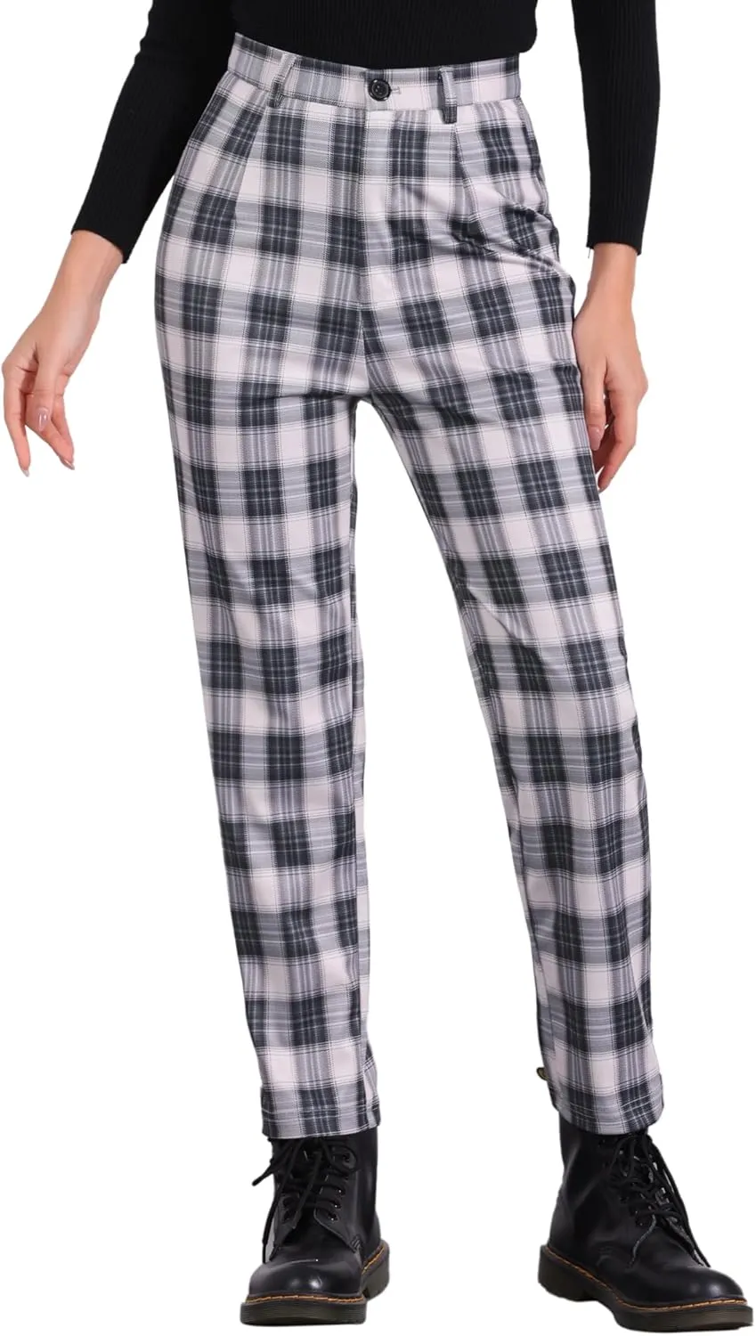 Allegra K Women's Plaid Cropped Trousers Button Casual Tartan Check Work Pants