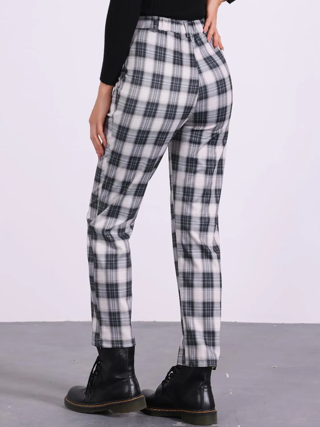 Allegra K Women's Plaid Cropped Trousers Button Casual Tartan Check Work Pants