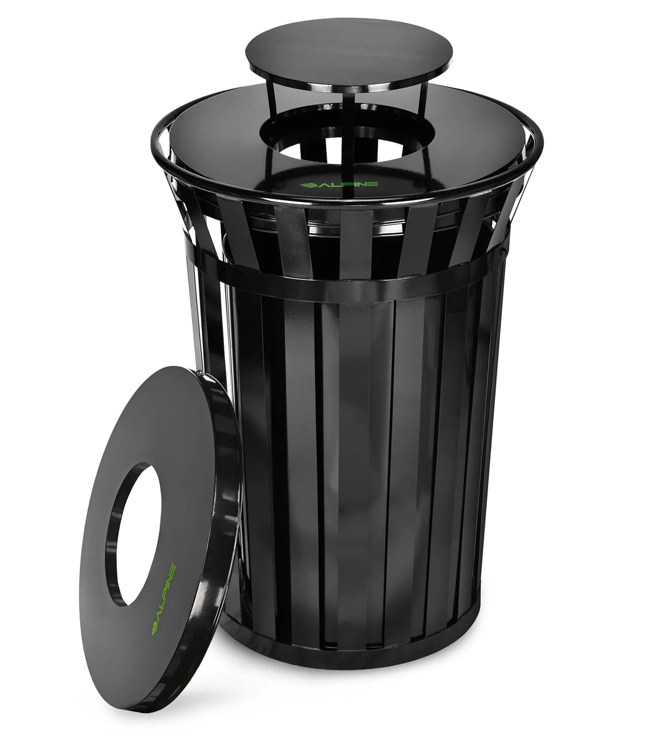 Alpine Commercial Outdoor Trash Can - 38 Gallon Heavy Duty Metal Garbage Can with Liner, Flat Lid and Rain Bonnet Lid - All Weather Resistant Large Outside Trash Can for Parks, Beach, Parking, School