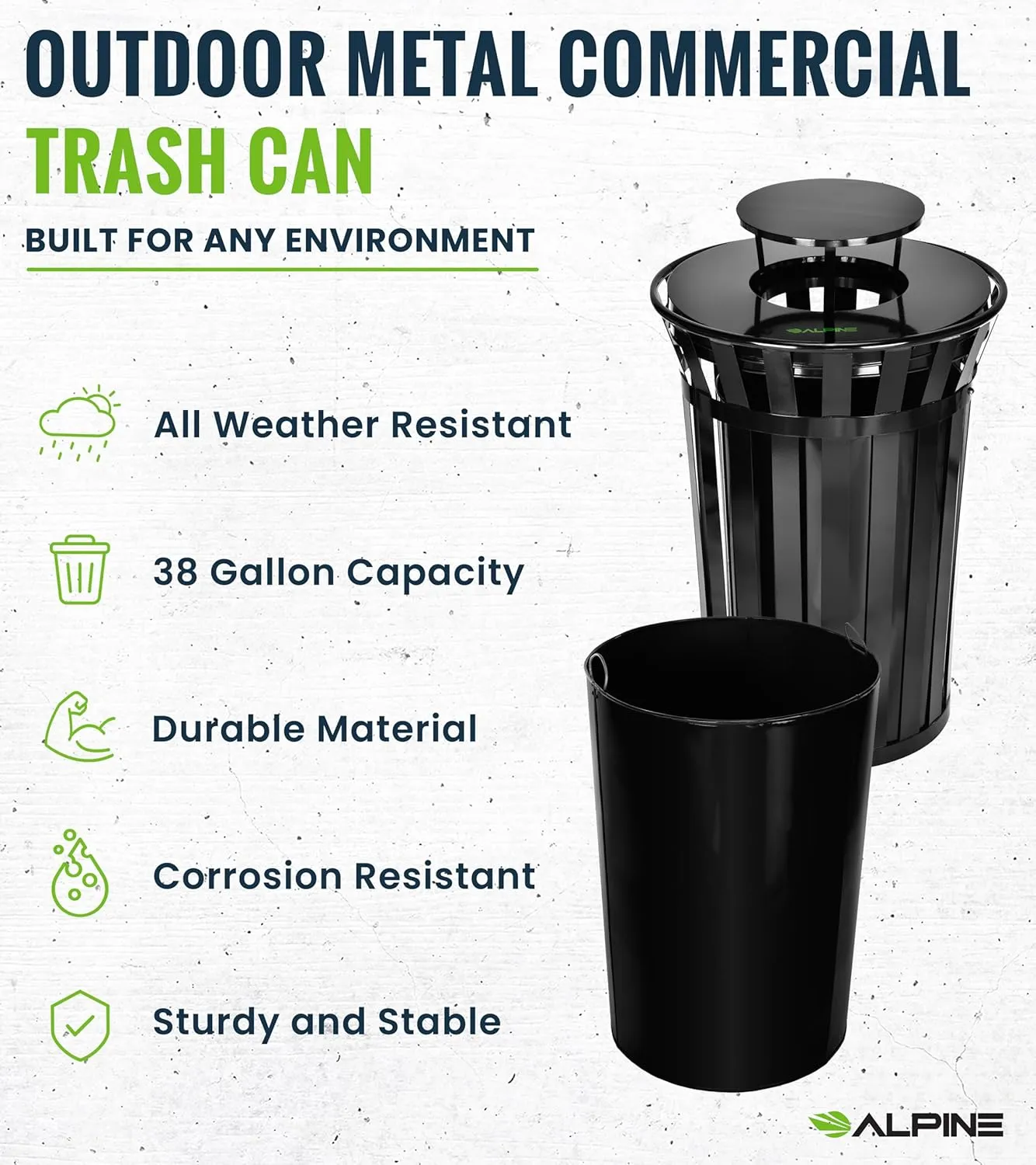 Alpine Commercial Outdoor Trash Can - 38 Gallon Heavy Duty Metal Garbage Can with Liner, Flat Lid and Rain Bonnet Lid - All Weather Resistant Large Outside Trash Can for Parks, Beach, Parking, School