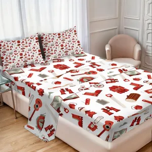 Ambesonne Camping Sheet Set, Lumberjack Elements from Outdoor Leisure Activities in Vinous Tones, Fitted and Flat Sheet with Pillowcases Bedding Accent 4 Piece Set, Full, White Vermilion and Brown