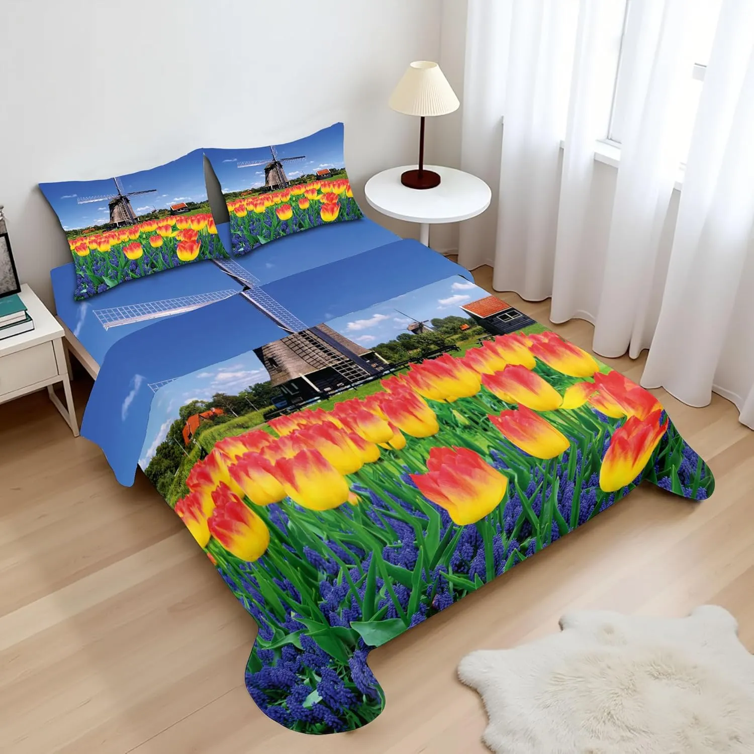 Ambesonne Landscape Sheet Set, Tulip Blooms with Classic Dutch Windmill Netherlands Countryside Spring Picture, Fitted and Flat Sheet with Pillowcases Bedding Accent 4 Piece Set, Queen, Yellow Blue
