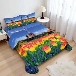 Ambesonne Landscape Sheet Set, Tulip Blooms with Classic Dutch Windmill Netherlands Countryside Spring Picture, Fitted and Flat Sheet with Pillowcases Bedding Accent 4 Piece Set, Queen, Yellow Blue