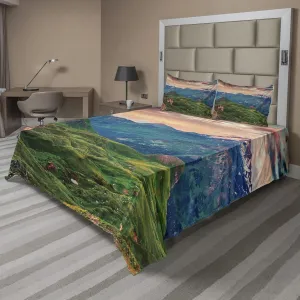Ambesonne Mountain Sheet Set, Summer Morning of Grossglockner High Alpine Road Austrian Dramatic Sunset, Fitted and Flat Sheet with Pillowcases Bedding Accent 4 Piece Set, King, Coral Teal Green