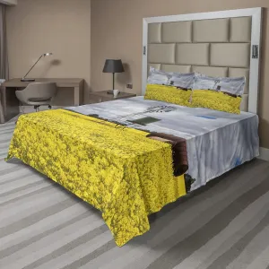 Ambesonne Windmill Sheet Set, Canola Meadow Stormy Day Victorian Goldfields Agricultural Farmland, Fitted and Flat Sheet with Pillowcases Bedding Accent 4 Piece Set, Queen, Yellow Grey and White
