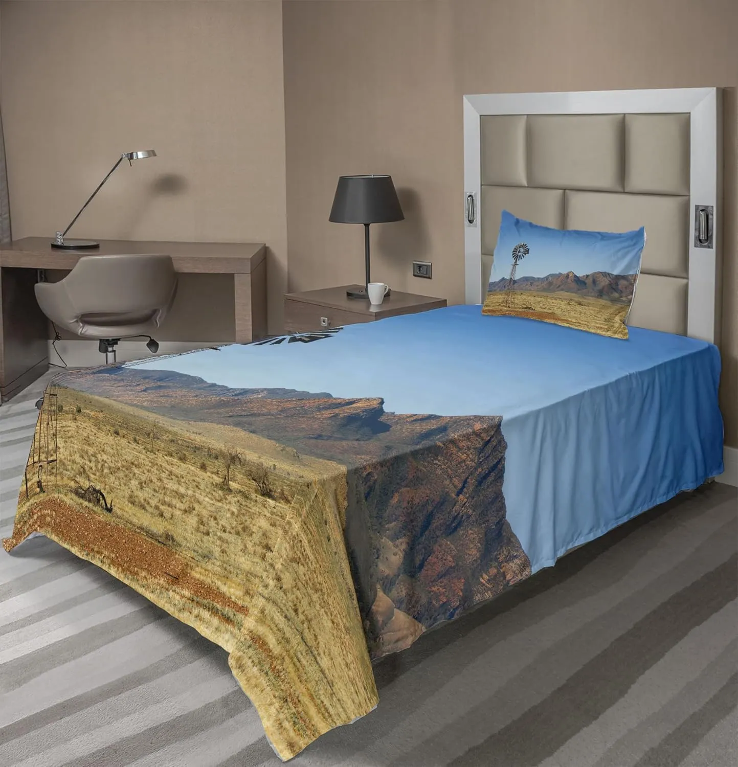 Ambesonne Windmill Sheet Set, Flinders Ranges South Australia Mountains Barren Land Summer, Fitted and Flat Sheet with Pillowcase Bedding Accent 3 Piece Set, Twin, Earth Yellow Pale Blue