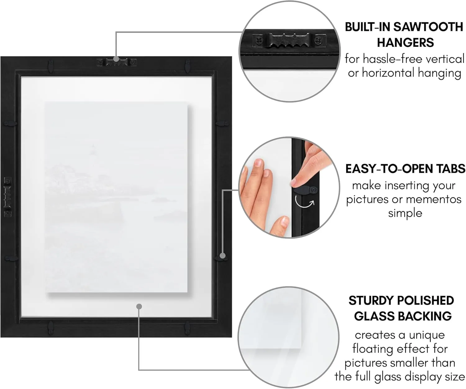 Americanflat 11x14 Floating Picture Frame with Polished Crystal-Clear Glass - Use as 8x10 Picture Frame or Display 5x7 Photo - Signature Float Collection - Photo Frames for Wall Display - Black