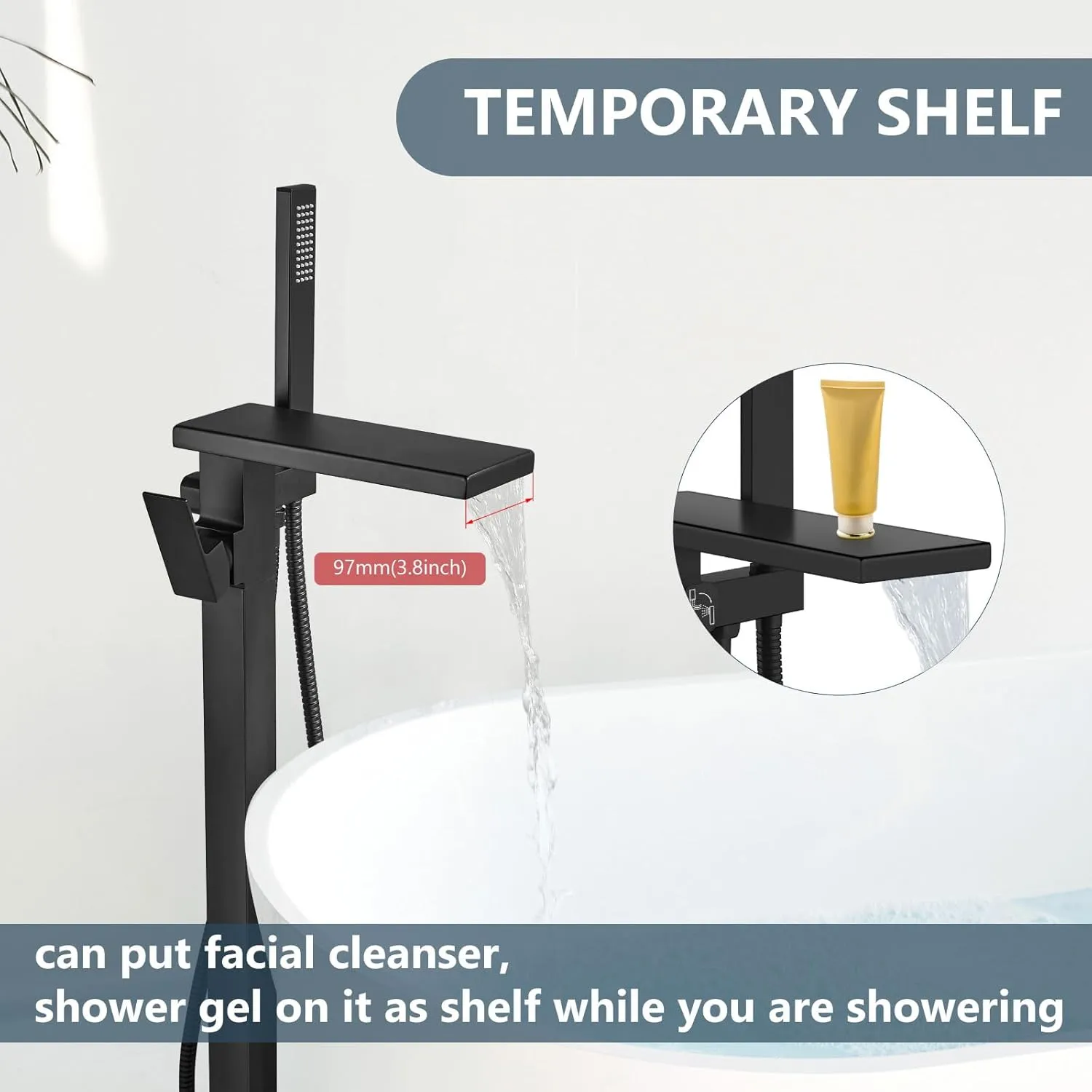 Aolemi Freestanding Bathtub Faucet Floor Mount Tub Filler with Handheld Spray Single Handle Free Standing Bathroom Faucets Swivel Flat Waterfall Spout Matte Black