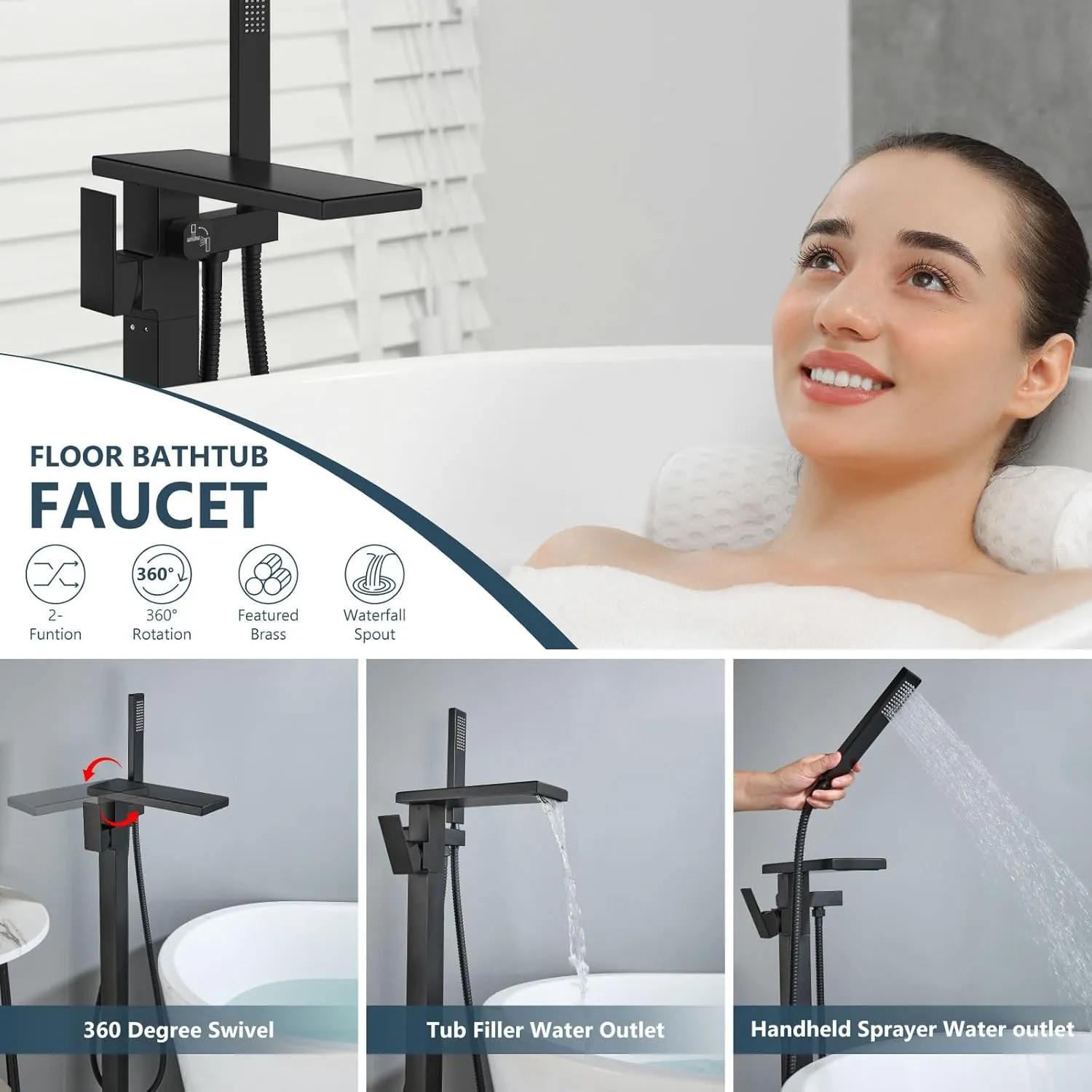 Aolemi Freestanding Bathtub Faucet Floor Mount Tub Filler with Handheld Spray Single Handle Free Standing Bathroom Faucets Swivel Flat Waterfall Spout Matte Black