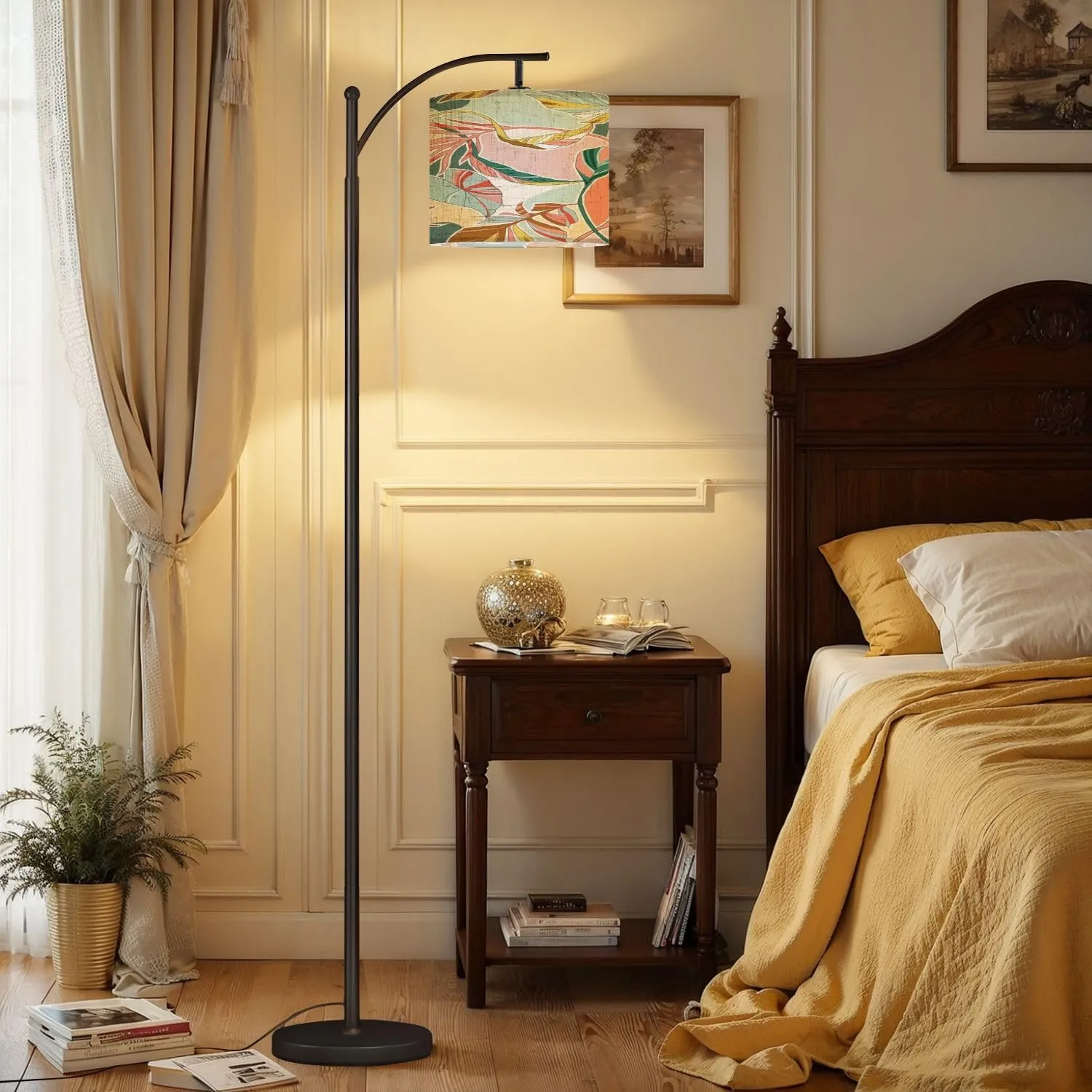 Arc Floor Lamps Natural Art Color Seamless Premium Technology Flat Cartoon Style Modern LED Adjustable Lampshade Standing Light for Living Room Reading Bedroom Office