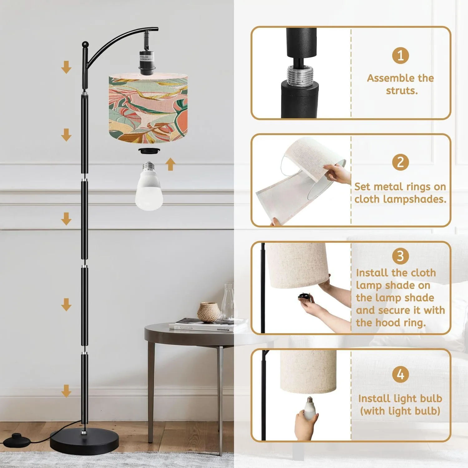 Arc Floor Lamps Natural Art Color Seamless Premium Technology Flat Cartoon Style Modern LED Adjustable Lampshade Standing Light for Living Room Reading Bedroom Office