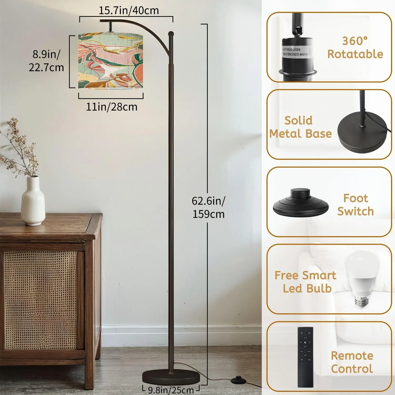 Arc Floor Lamps Natural Art Color Seamless Premium Technology Flat Cartoon Style Modern LED Adjustable Lampshade Standing Light for Living Room Reading Bedroom Office