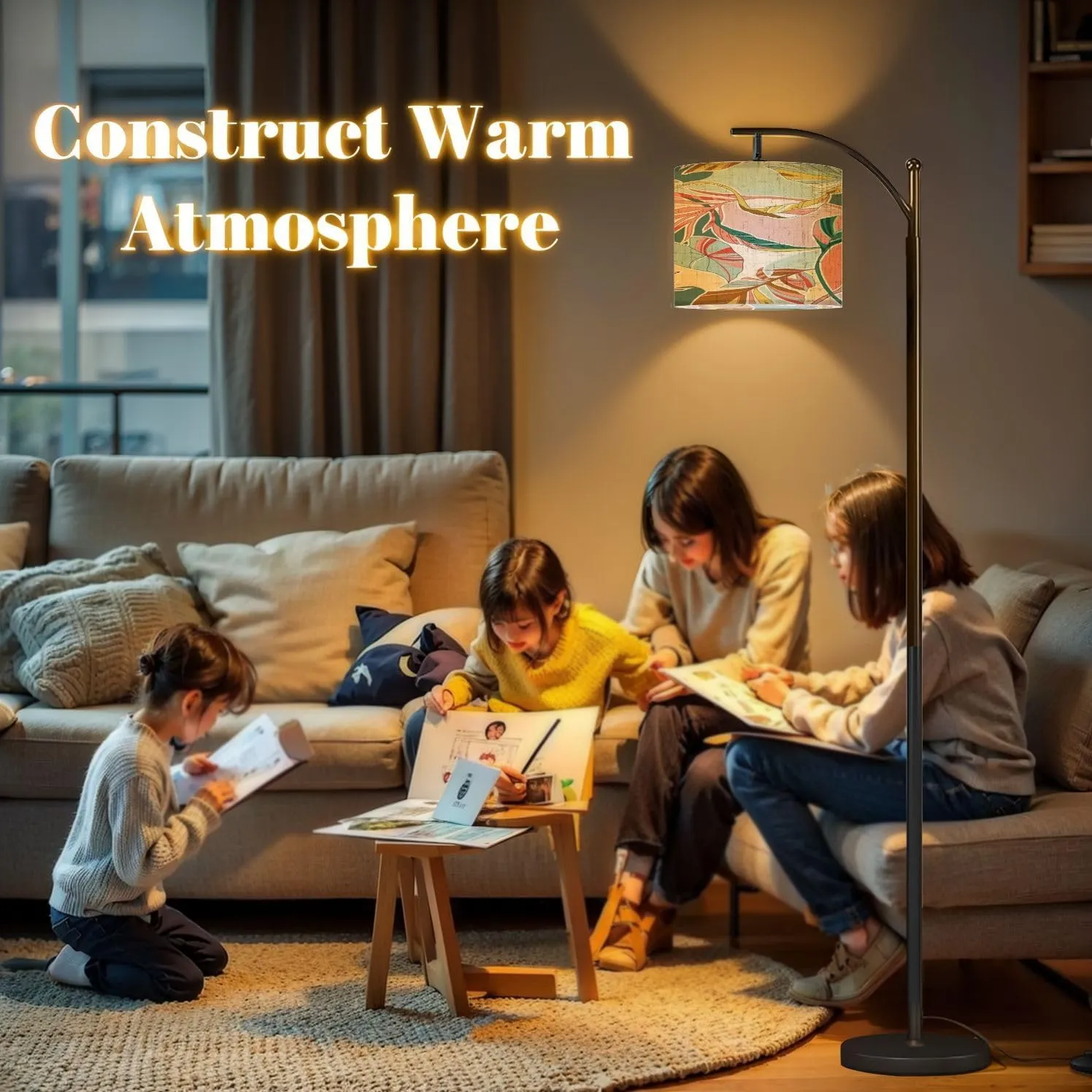 Arc Floor Lamps Natural Art Color Seamless Premium Technology Flat Cartoon Style Modern LED Adjustable Lampshade Standing Light for Living Room Reading Bedroom Office