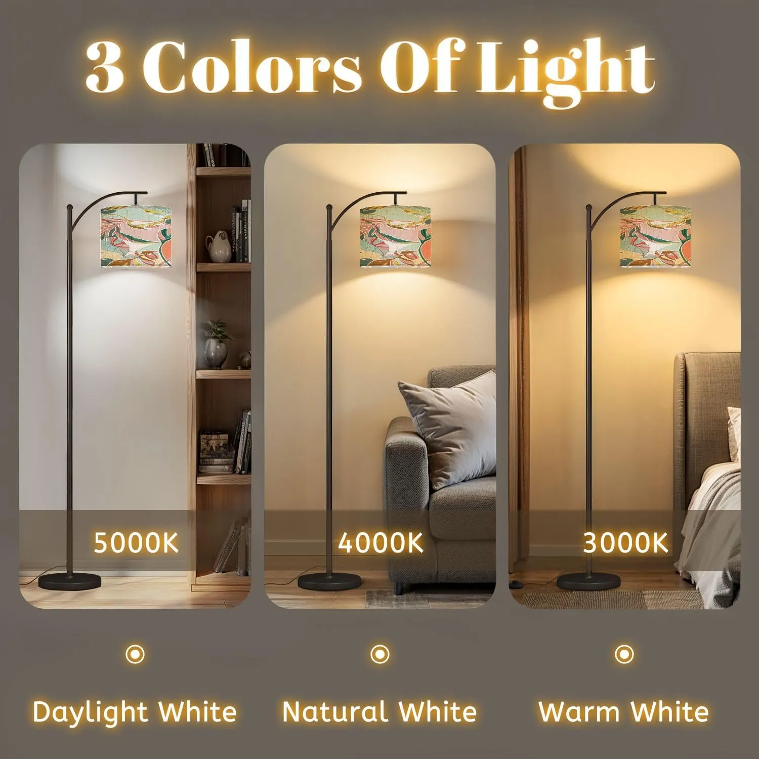 Arc Floor Lamps Natural Art Color Seamless Premium Technology Flat Cartoon Style Modern LED Adjustable Lampshade Standing Light for Living Room Reading Bedroom Office