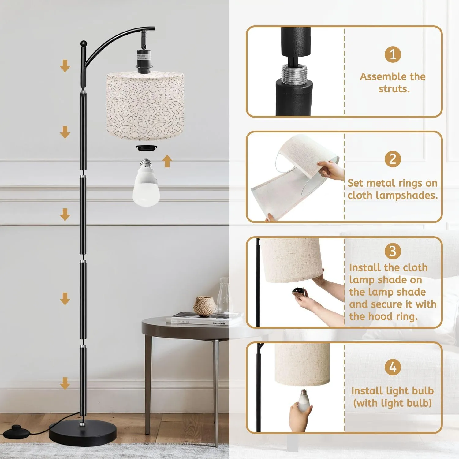 Arc Floor Lamps Outline Flat Seamless Geometric Ornament Pattern Modern LED Adjustable Lampshade Standing Light for Living Room Reading Bedroom Office