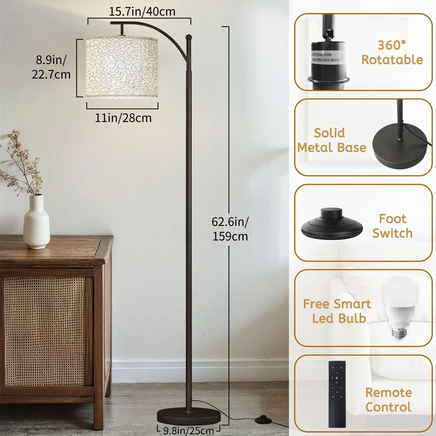 Arc Floor Lamps Outline Flat Seamless Geometric Ornament Pattern Modern LED Adjustable Lampshade Standing Light for Living Room Reading Bedroom Office