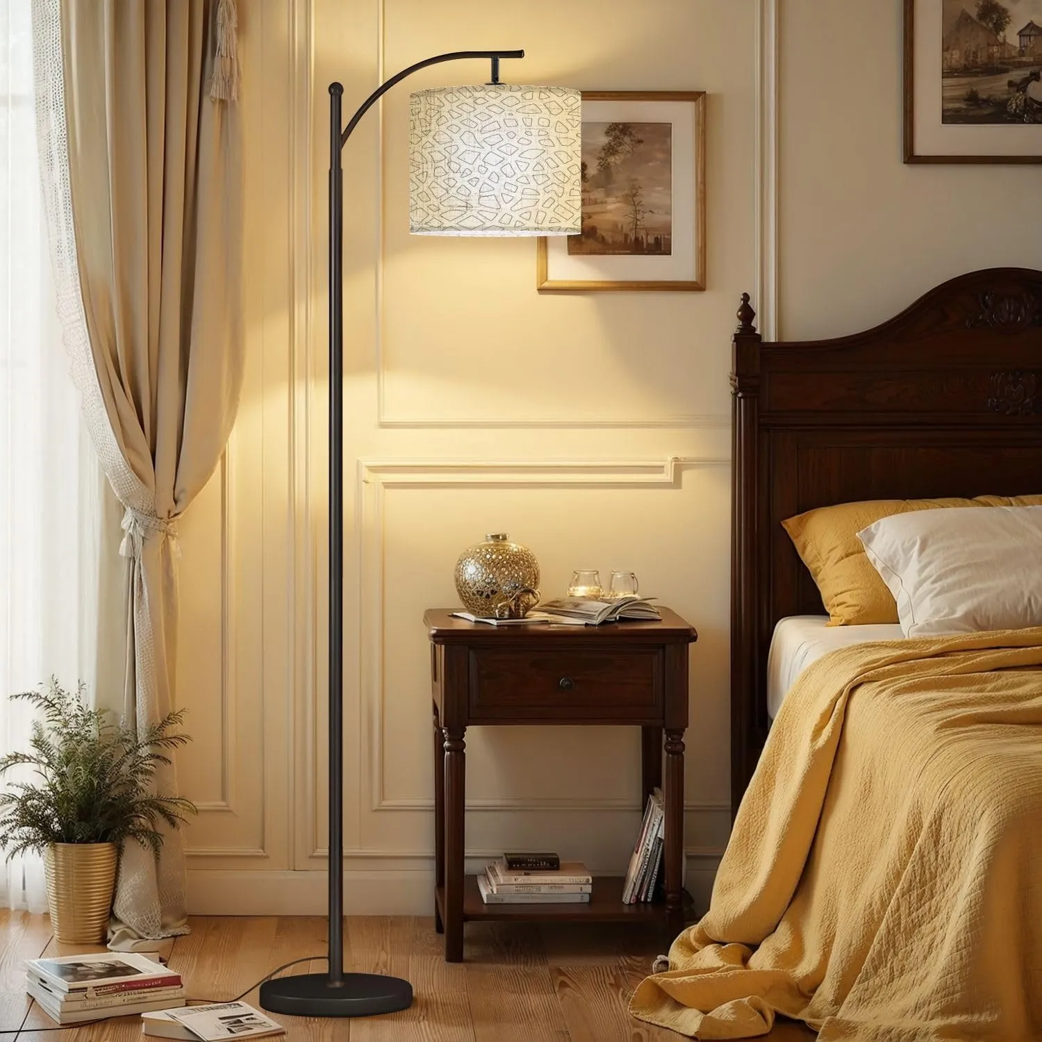 Arc Floor Lamps Outline Flat Seamless Geometric Ornament Pattern Modern LED Adjustable Lampshade Standing Light for Living Room Reading Bedroom Office